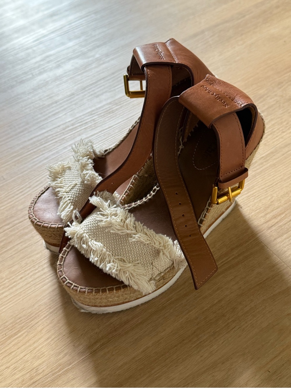 Chloe Brown Leather & Cream Fringed Wedge Sandals